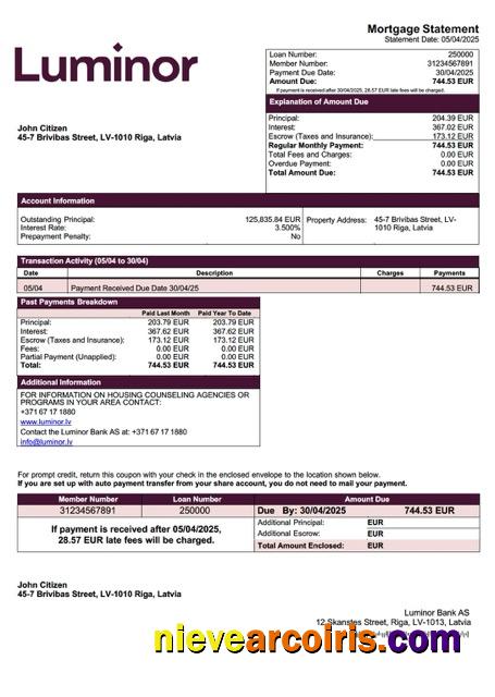 Latvia Luminor Bank AS mortgage statement Word and PDF template